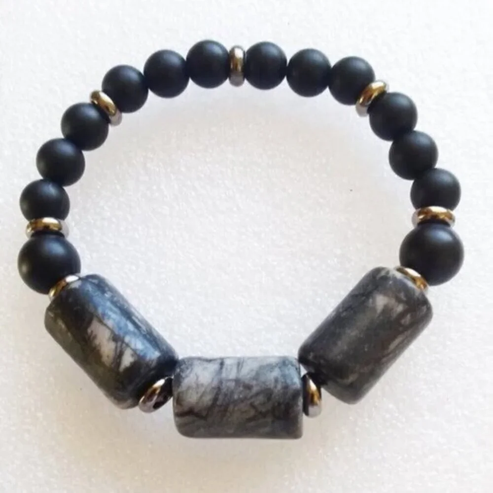 Chunky & Masculine! Black + Gray Jasper Stretch Bracelet - Grunge Goth Punk